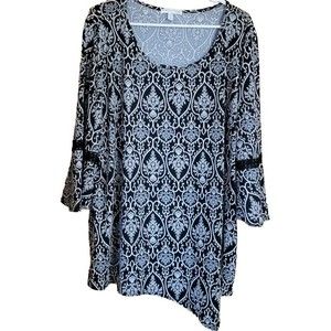 Notations Women's Black 3X Stretch Knit Scoop Neck Asymmetrical Hemline 3/4 SLV